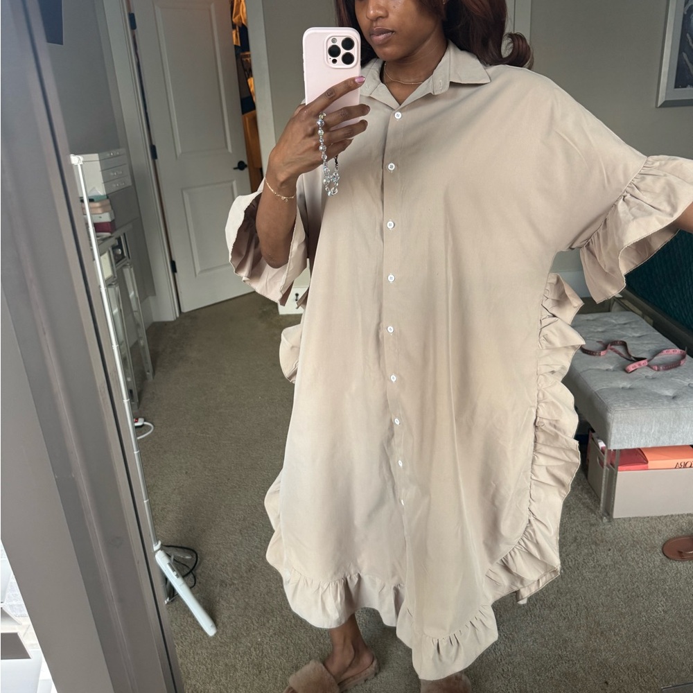 Women's Beige Ruffle Button-Down Dress